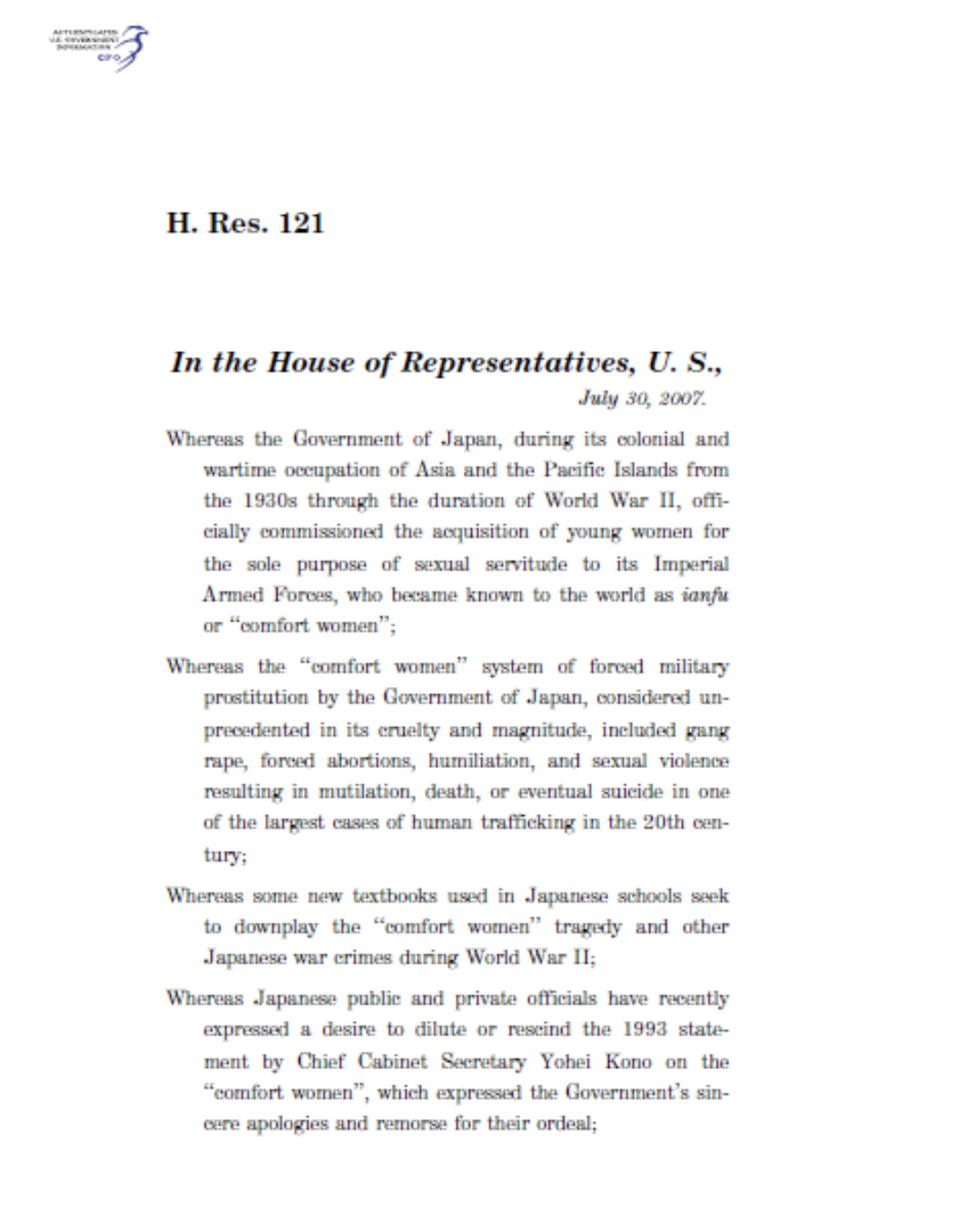 [사진 3] 2007년 미국 연방의회 일본군 위안부 사죄(HR121) 결의안 (출처 : 아카이브814)