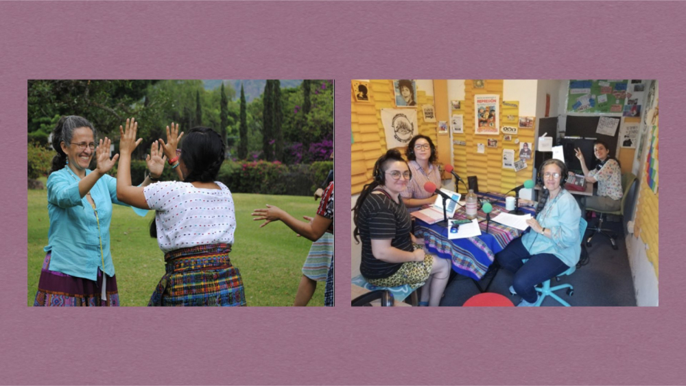 Left: Yolanda (left) and Mayan women (Photo from: La Juguera Magazine September 2, 2016) / Right: Yolanda (second to the right) talks about her experience on the feminist and lesbian radio HumedaLES (Photo from: Radio HumedaLES official Twitter)