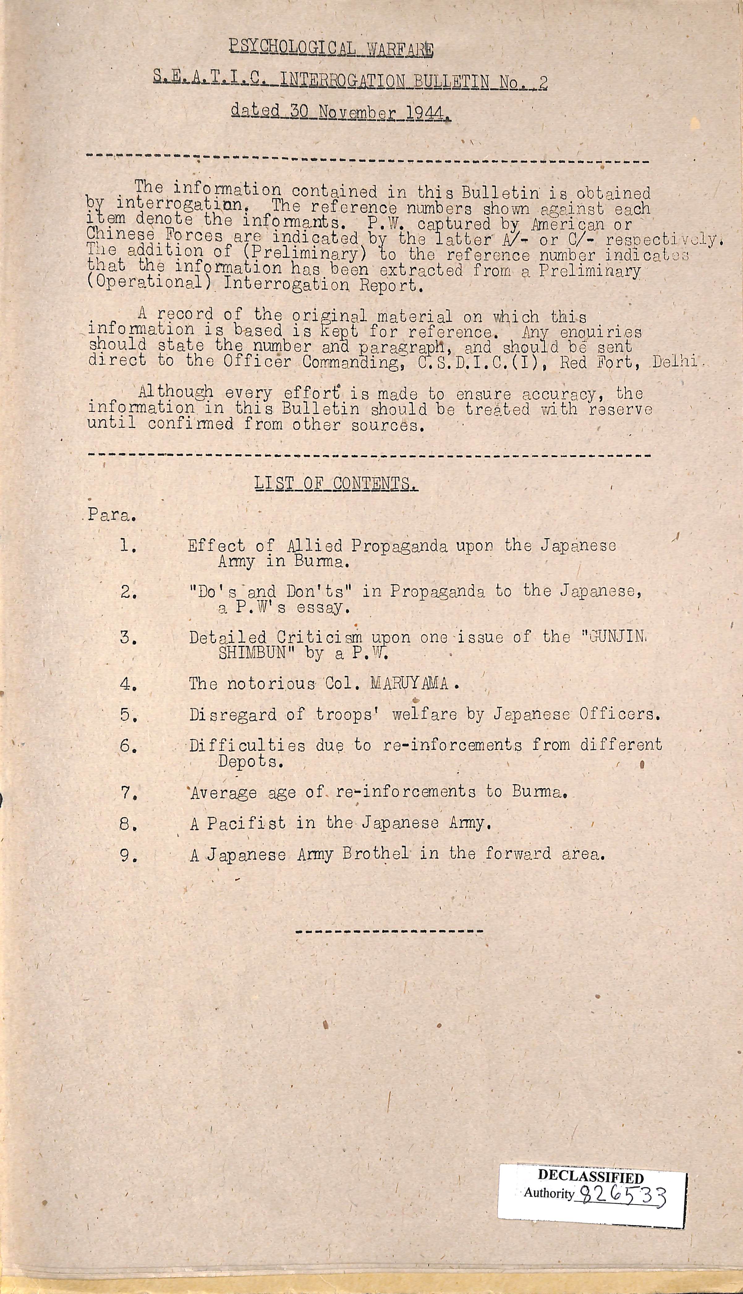 SEATIC Interrogation Bulletin No. 2_Table of contents
