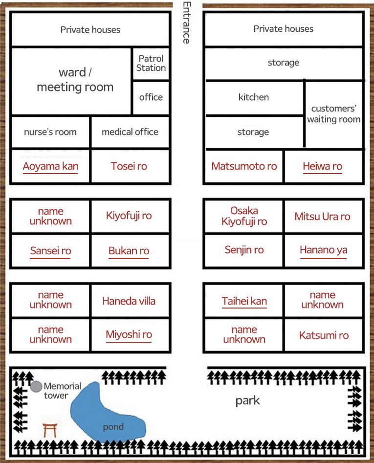 [Figure 1] Ground plan inside of the Hankou Special Comfort Facility. The red-marked areas indicate the locations of comfort stations, and the underlined stations were the ones managed by Korean owners. The facility was surrounded by high brick walls (Source: Aya Furuhashi, A Critical Reading of ‘Comfort Women’ in Japanese Soldiers’ Memoirs [Northeast Asian History Foundation, 2021], p. 36). The ground plan was created by the author based on Yamada (山田)’s book (1978, p. 76).