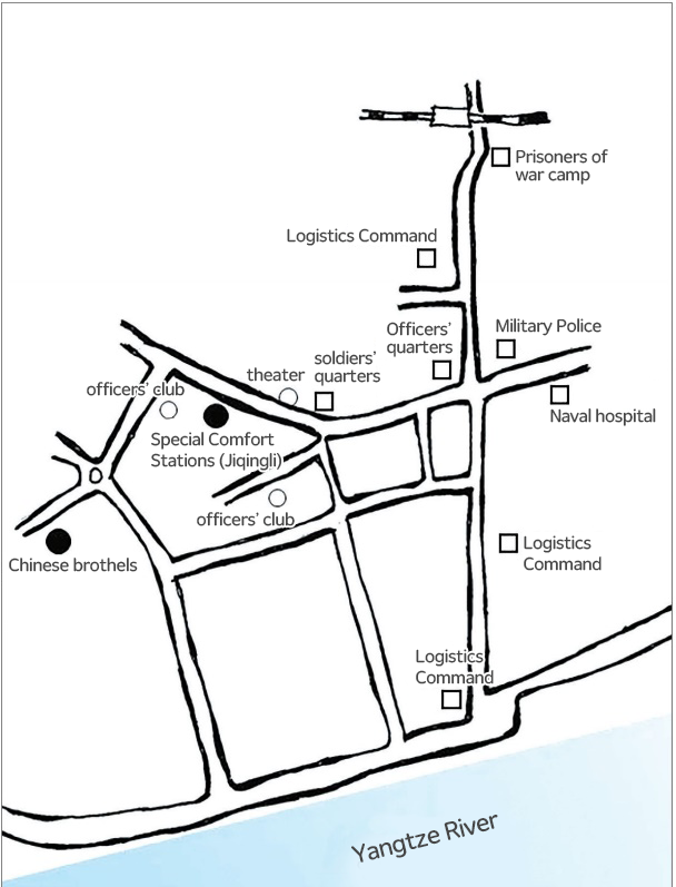 [Figure 2] Layout of the Hankou Military Logistics Base Facility (Source: Aya Furuhashi, A Critical Reading of ‘Comfort Women’ in Japanese Soldiers’ Memoirs [Northeast Asian History Foundation, 2021], p. 36). This layout was created by the author based on Nagasawa (長沢)’s book (1983, p. 41).