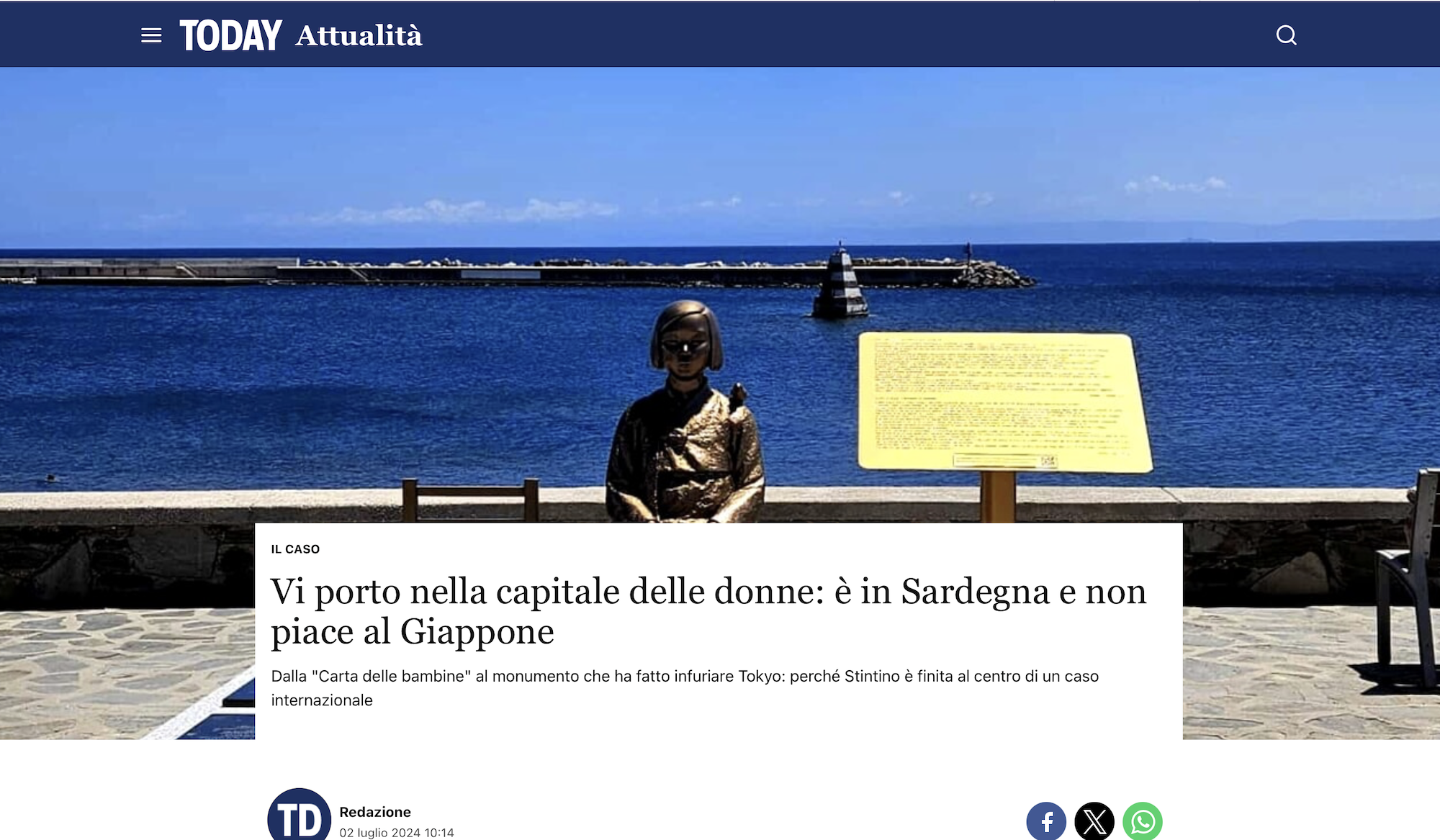 [Photo 1] This is a screenshot from an Italian regional news report about the Peace Statue installed on the Stintino coast, describing it as an “open wound” while highlighting Japan’s discomfort along with the complex history of the conflict.