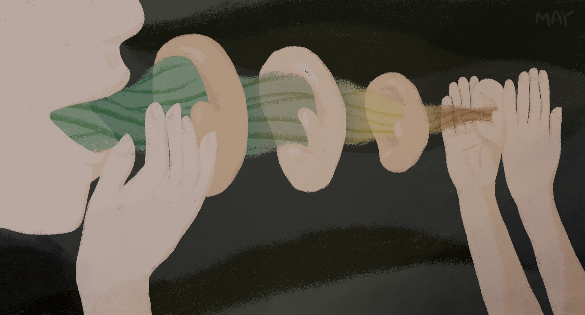 여러 개의 문을 통과하는 이야기, 여러 귀(문)을 통과하며 전달되는 이야기를 표현한 일러스트 ⓒ백정미