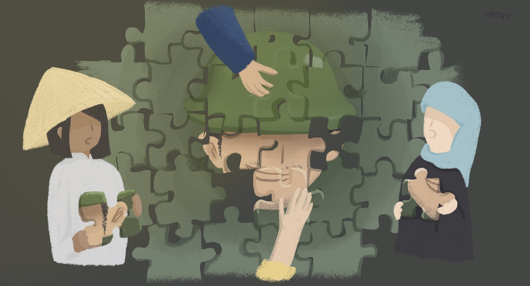 전쟁은 남자의 얼굴을 하고 있다, 전시 성폭력 피해자 여성들이 병사의 얼굴이 그려진 퍼즐 조각을 들고 있는 일러스트ⓒ백정미