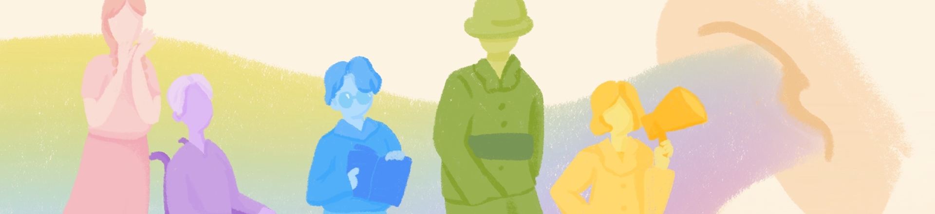 프레임에 갇히지 않은 다양한 말의 자리, 피해 생존자, 병사, 연구자, 활동가들의 모습을 그린 일러스트 ⓒ백정미