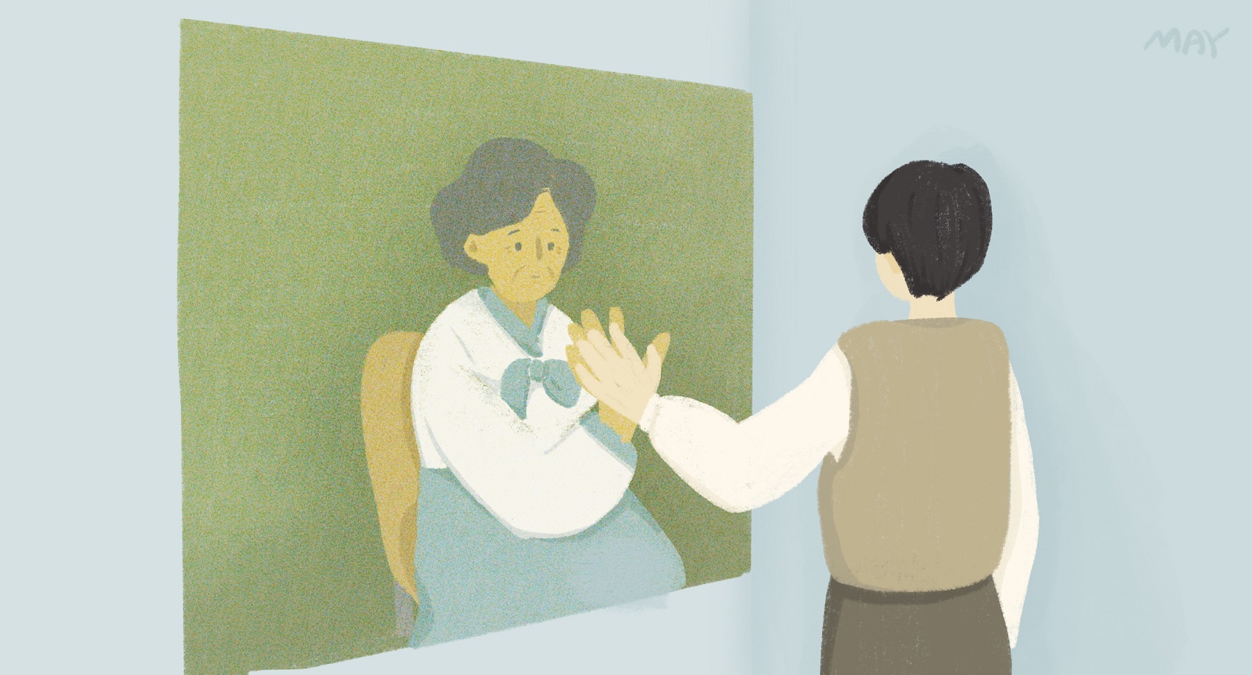 시공간을 초월한 만남, AI 영상 증언 속 할머니를 바라보는 학생의 모습