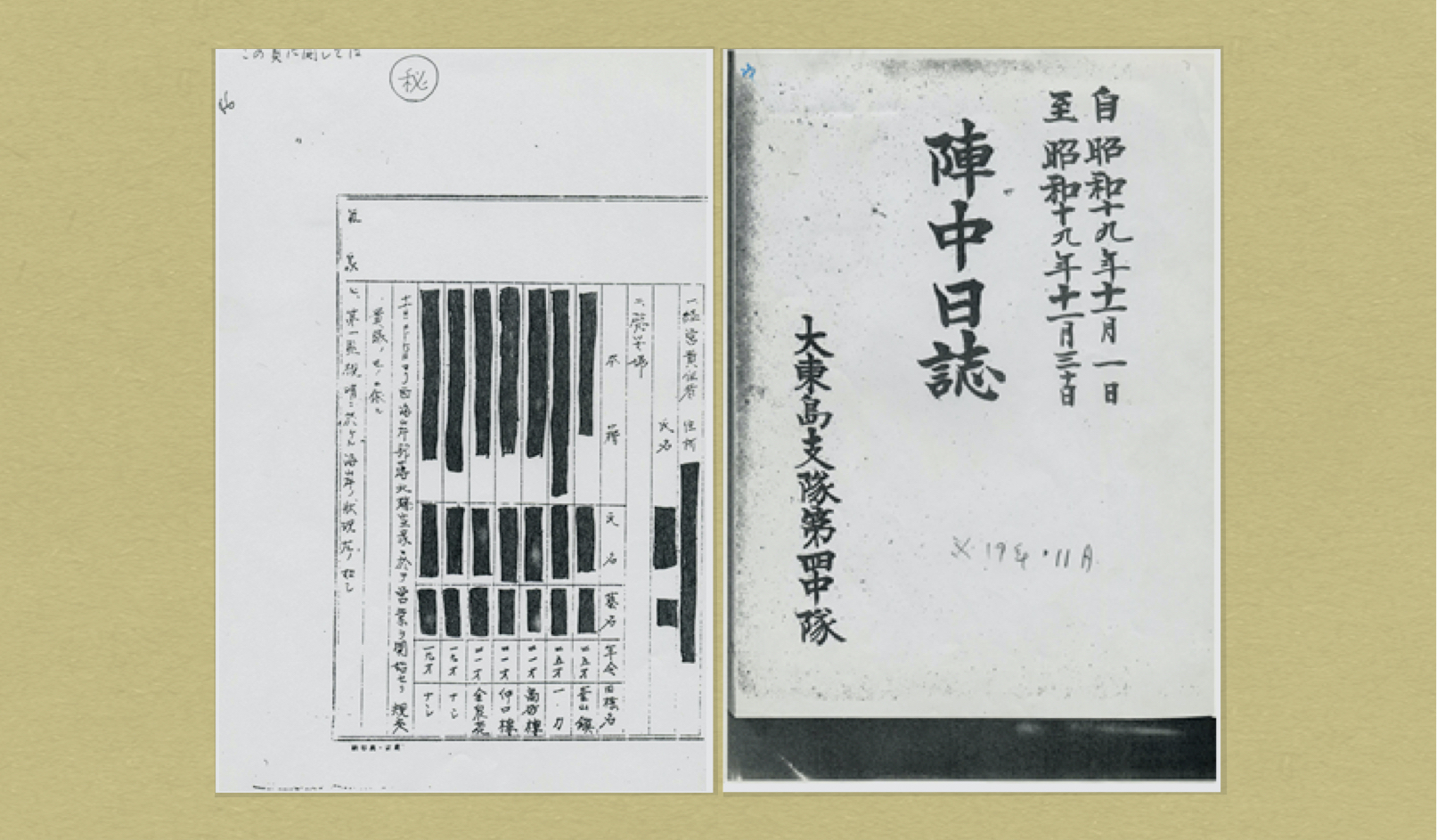 <그림 2> 오키나와 다이토지대 제4중대 진중일지 표지(우)와 그 중에 수록된 명단