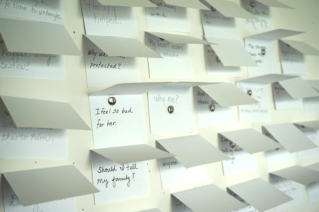 [Image 7] Breaking the Silence: Message Board (2018, Menlo College). It is an interactive installation breaking the silence surrounding sexual abuse, violence, and harassment. Camastro-Pritchett says they can see similarities between statements of “Comfort Women” survivors and present-day survivors of sexual violence. (Credit: the artist’s official website, rosecamastropritchett.com)