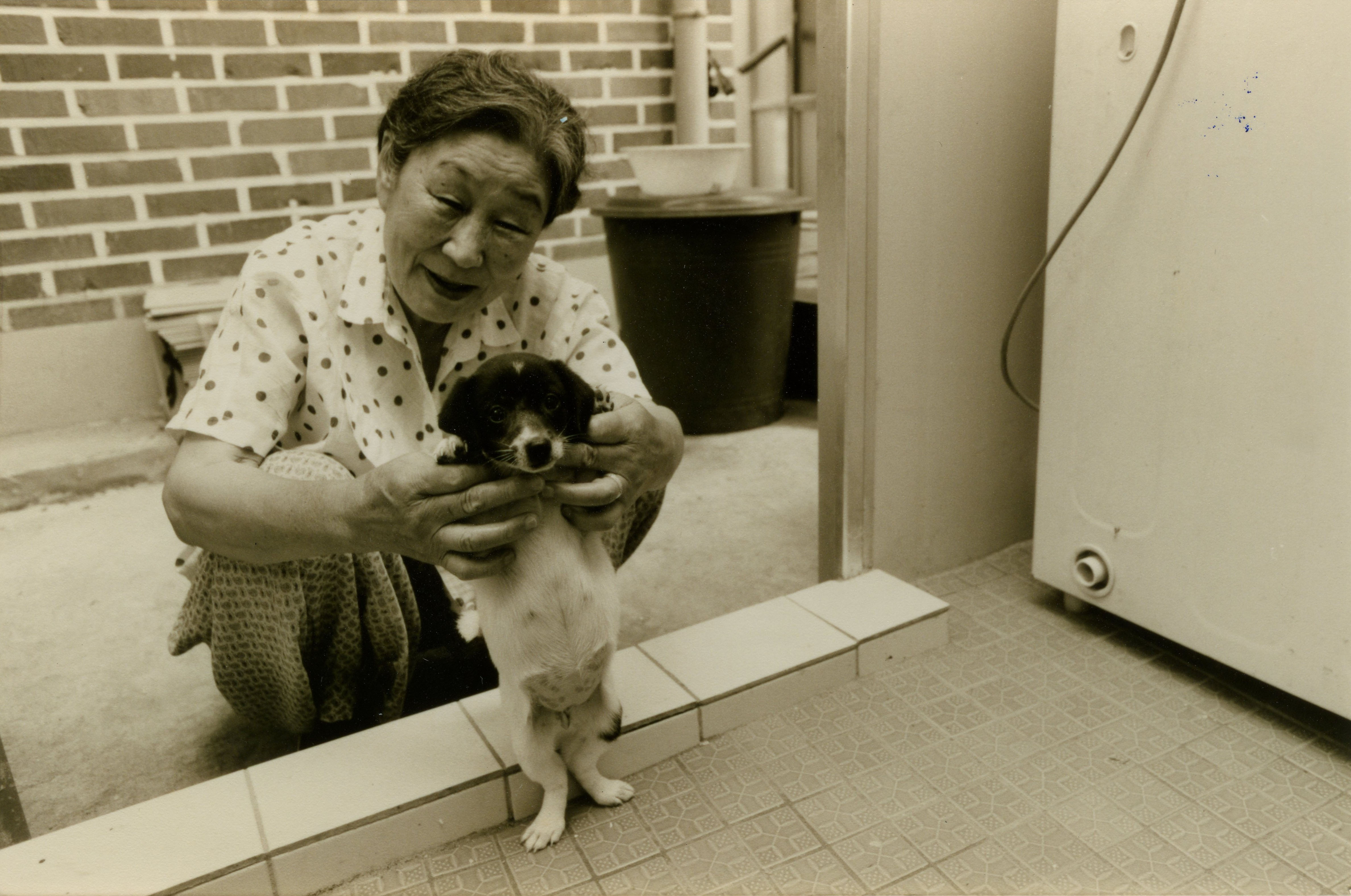 김복동이 나눔의집에서 강아지를 안고 웃고 있다.