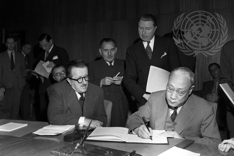 [Image 4] Dr. P.C. Chang, Chinese Representative of the United Nations Economic and Social Council, signing the Convention of the International Convention for the Suppression of the Traffic in Women and Children (Image Source: United Nations)*
