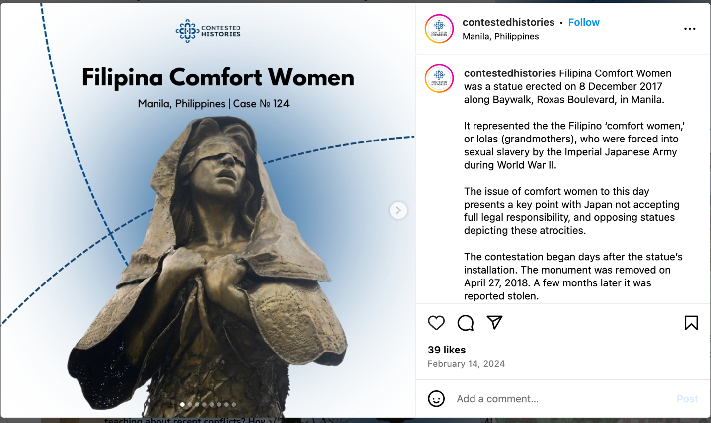 [Photo 3] CHI’s Instagram post about the Filipina “Comfort Women” statue. Case studies on “Comfort Women” statues are among the most frequently visited and widely discussed topics on the website (Credit: Contested Histories Initiative).